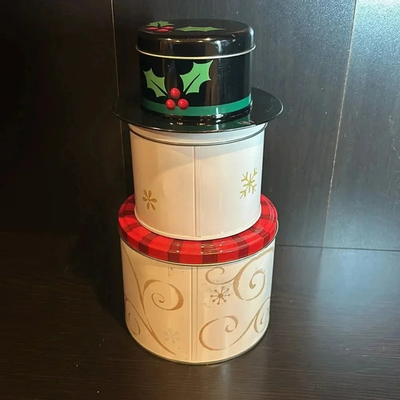 Celebrate it Snowman tin container set xmas light Mistletoe snowflake snow decor - Picture 3 of 9